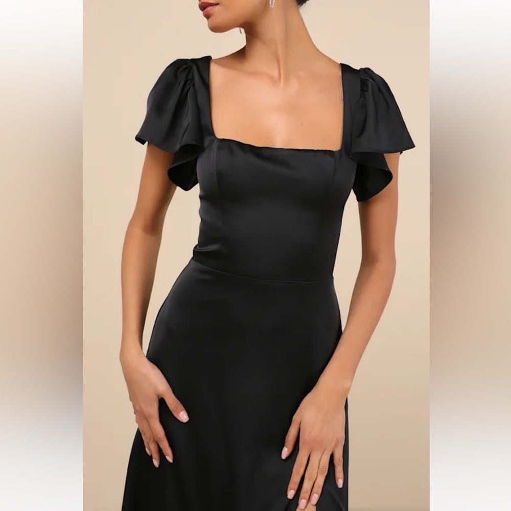 NWT Lulus Ultimate Sweetness Black Satin Flutter Sleeve Maxi Dress Elegant M - Picture 2 of 6